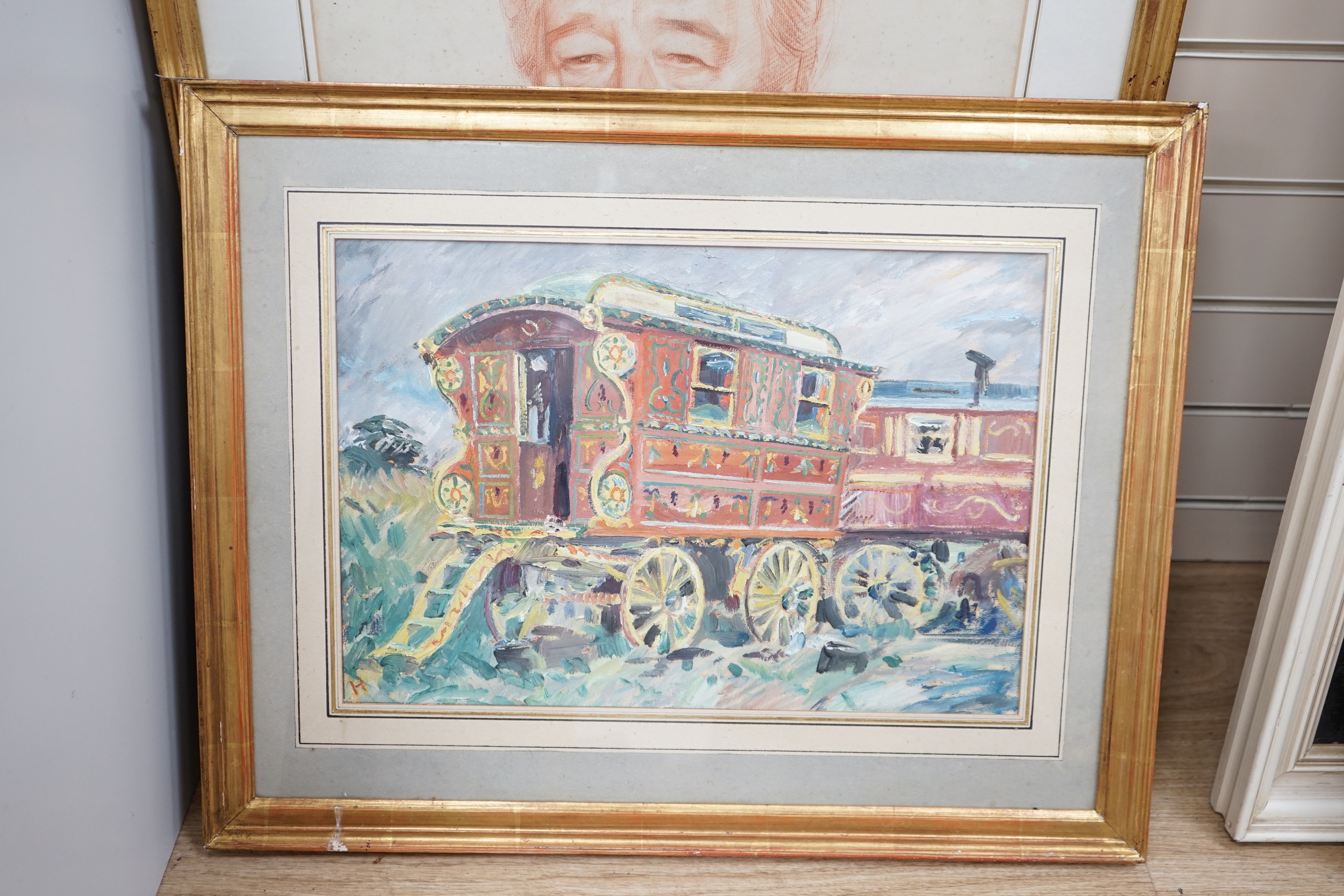 Early 20th century British School, oil on card, A painted traveller's cart, initialled lower left 'H', framed and glazed, 30 x 47cm